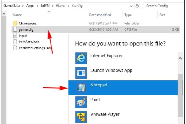 Di chuyển đến mục Config và tìm chọn file game.cfg bằng Notepad